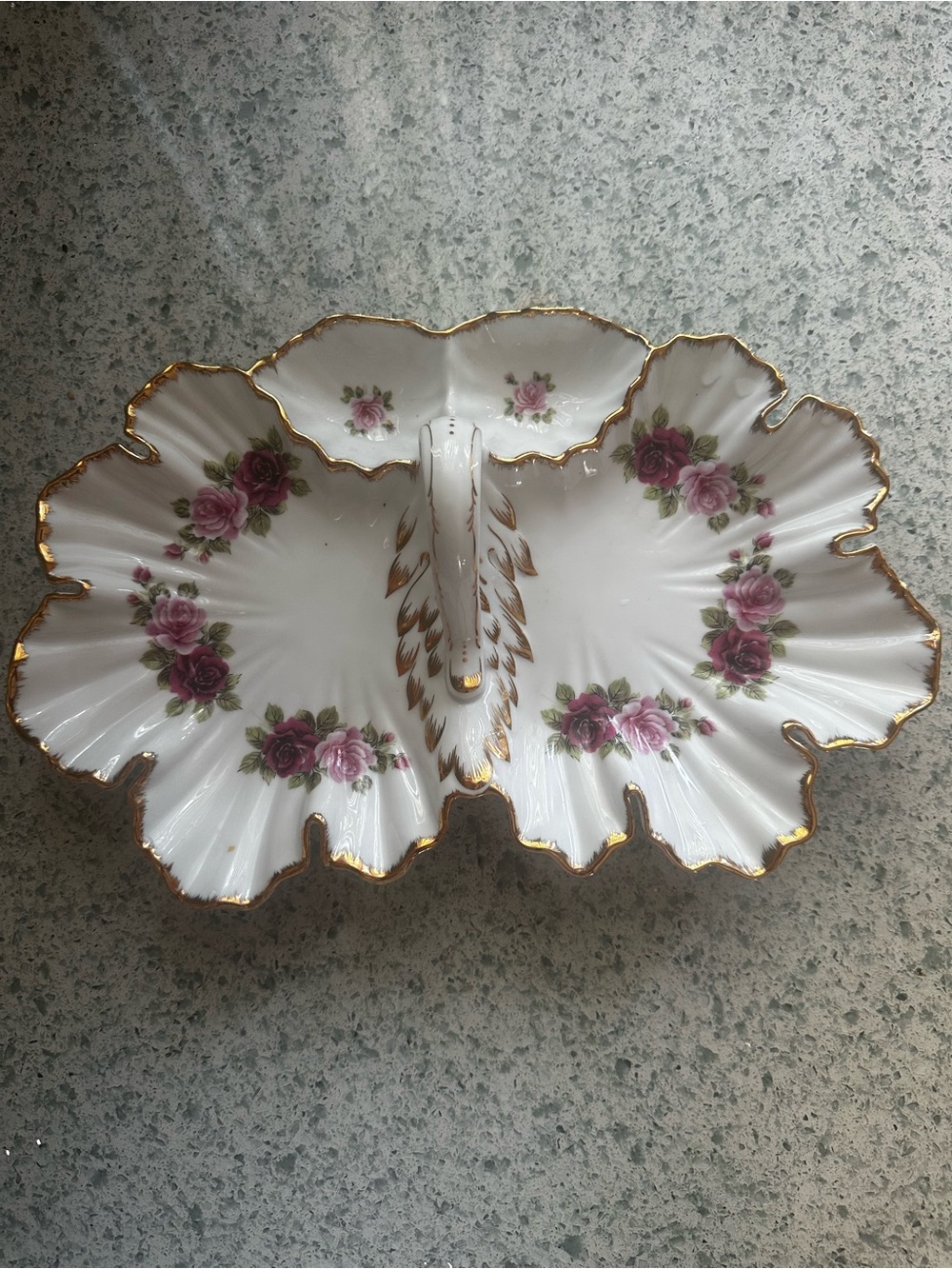 White Porcelain Double Dish with Pink Rose Motif and Gold Trim